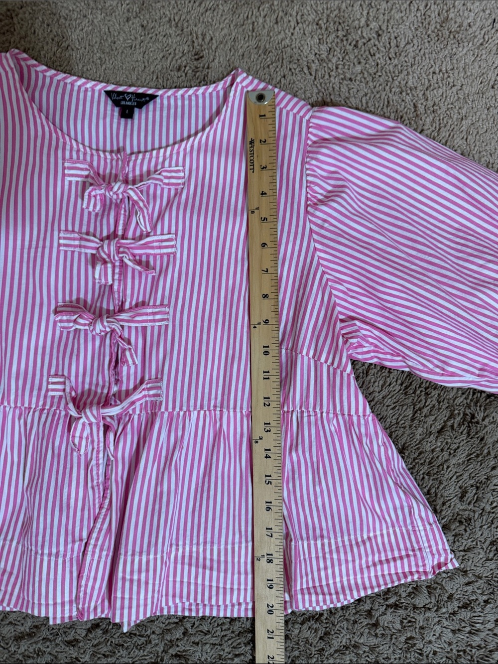 Women's Striped Peplum Bow-Front Top Pink White size L Coquette Feminine Whimsy - Picture 8 of 11